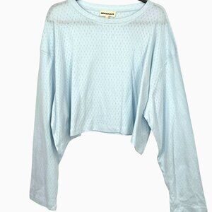 Sonderhaus Pointelle Cropped Long Sleeve Top Womens Large Blue Oversized Boxy